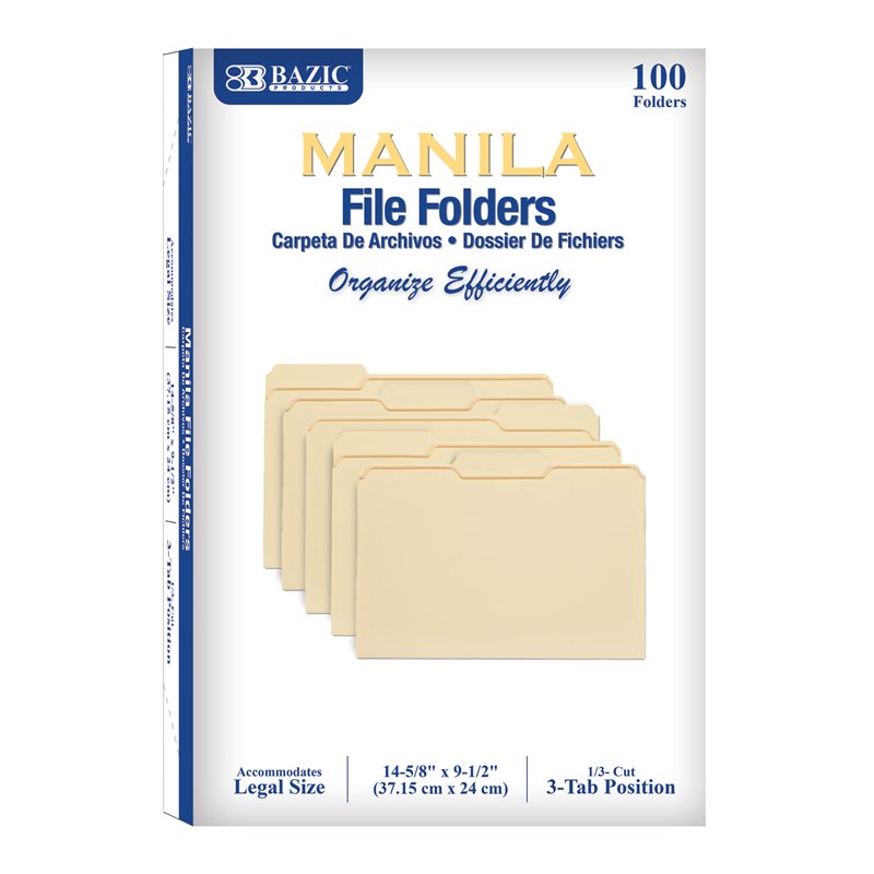 BAZIC Legal Size Manila File Folder - 1 / 3 Cut - Box of 100