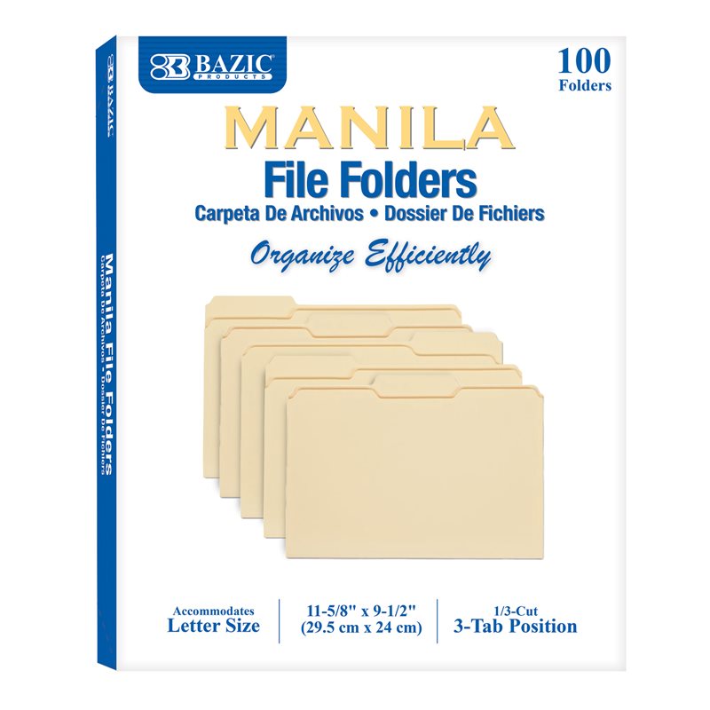 BAZIC Letter Size Manila File Folder - 1 / 3 Cut - Box of 100