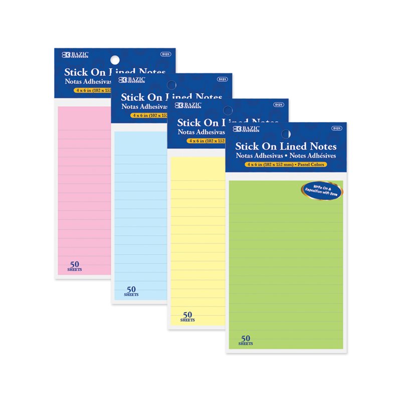 BAZIC Lined Stick On Notes - 4" x 6" - 50 Count